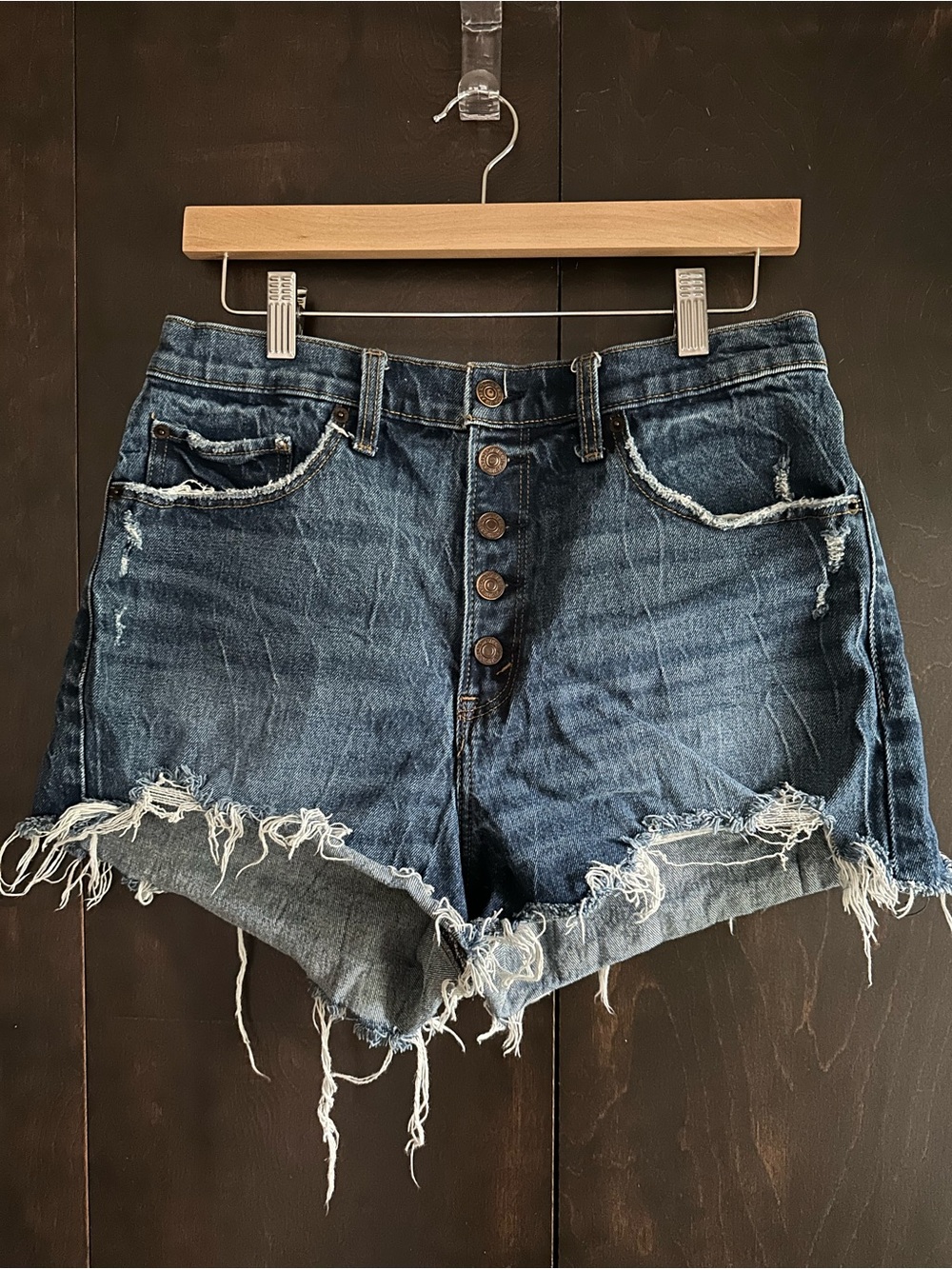 Abercrombie & Fitch High Rise Mom Short Dark Blue Distressed Denim & Button-Fly